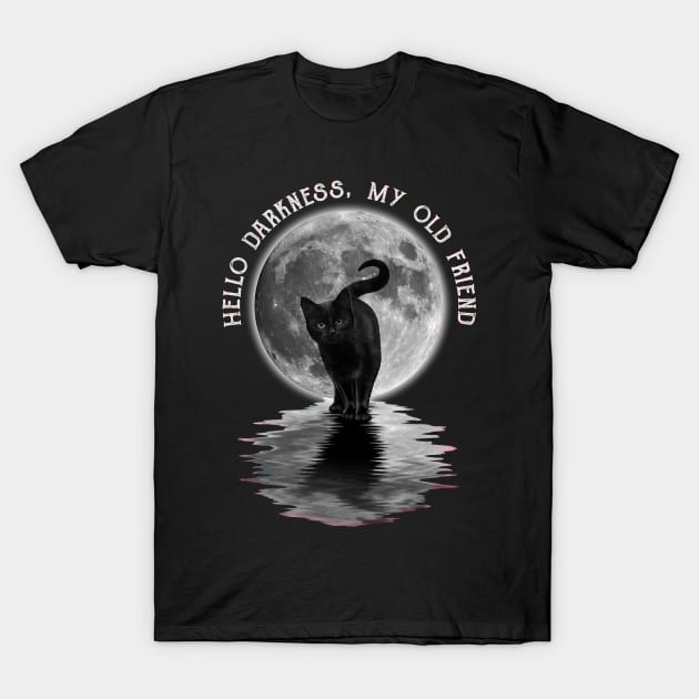 Black Cat Moon Halloween Hello Darkness My Old Friend T-Shirt by Vintage White Rose Bouquets